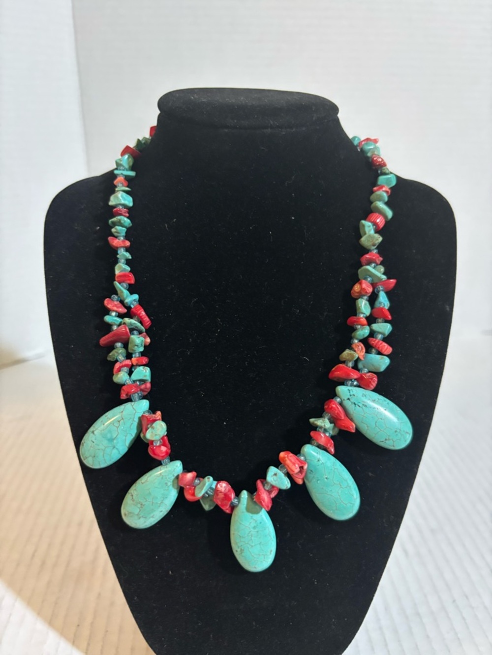 Turquoise and Coral Teardrop Statement Necklace - Women Jewelry